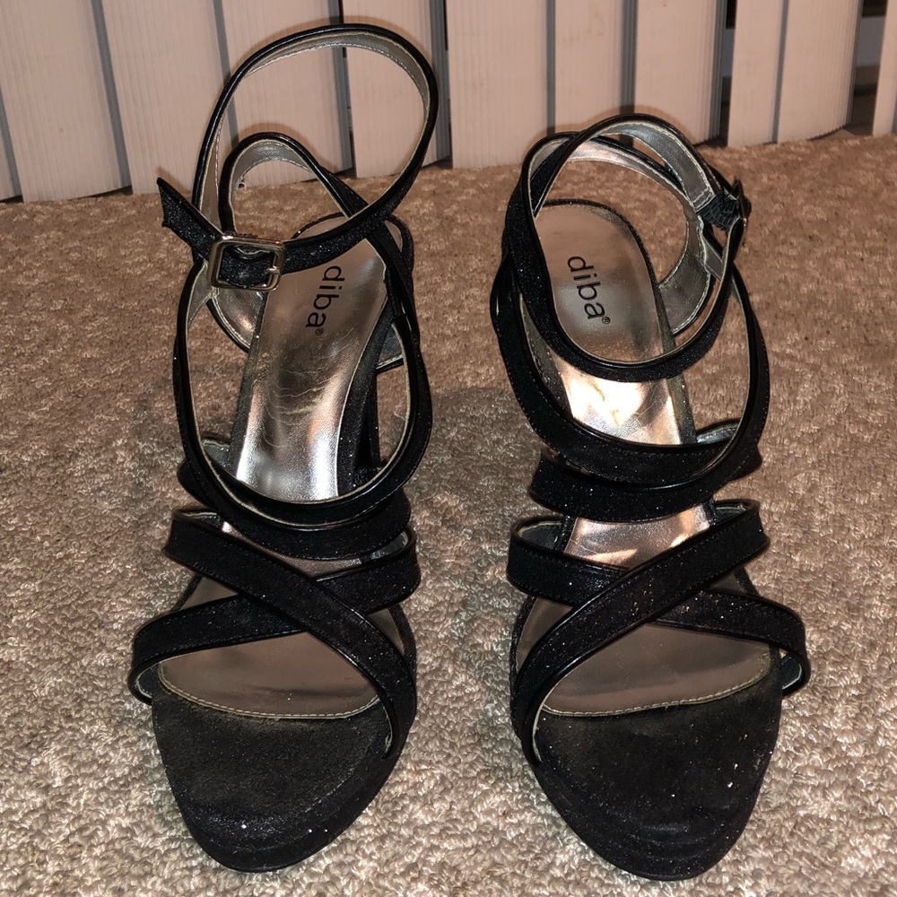 Diba Black Glitter Tenith Strappy Heels